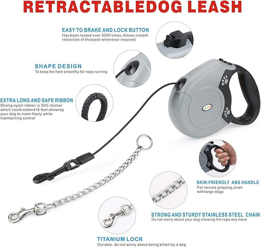 Idepet Heavy Duty Retractable Dog Leash for Small and Medium Dogs, Anti-Chewing Steel Chain Design,360 DegreeTangle-Free,Break and Lock System,16ft Leash Dog Walking (Round Rope)