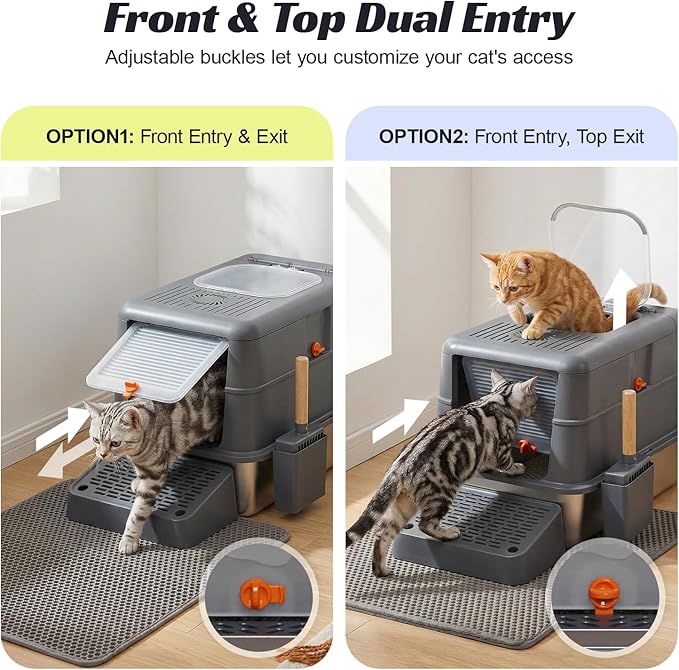 Stainless Steel Litter Box with Lid, Front Entry Top Exit Cat Litter Box, Extra Large High Sided Enclosed Metal Litter Box with Scoop, Pedal & Litter Mat, Grey