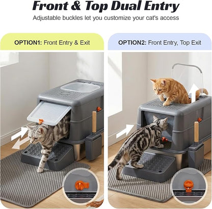 Stainless Steel Litter Box with Lid, Front Entry Top Exit Cat Litter Box, Extra Large High Sided Enclosed Metal Litter Box with Scoop, Pedal & Litter Mat, Grey
