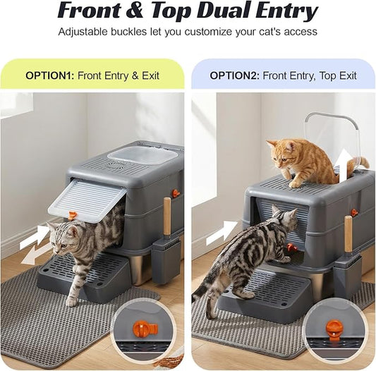 Stainless Steel Litter Box with Lid, Front Entry Top Exit Cat Litter Box, Extra Large High Sided Enclosed Metal Litter Box with Scoop, Pedal & Litter Mat, Grey