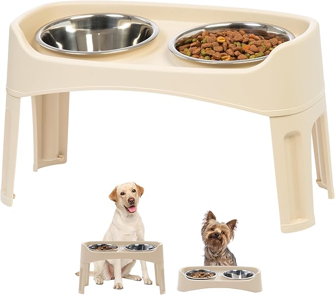IRIS USA Adjustable Elevated Dog Bowls, Raised Feeder with 2 Stainless Steel 64 oz Bowls, Spill-Guard Rim, 12.25" or 4.63" Heights, Durable Plastic, Made in USA, Almond