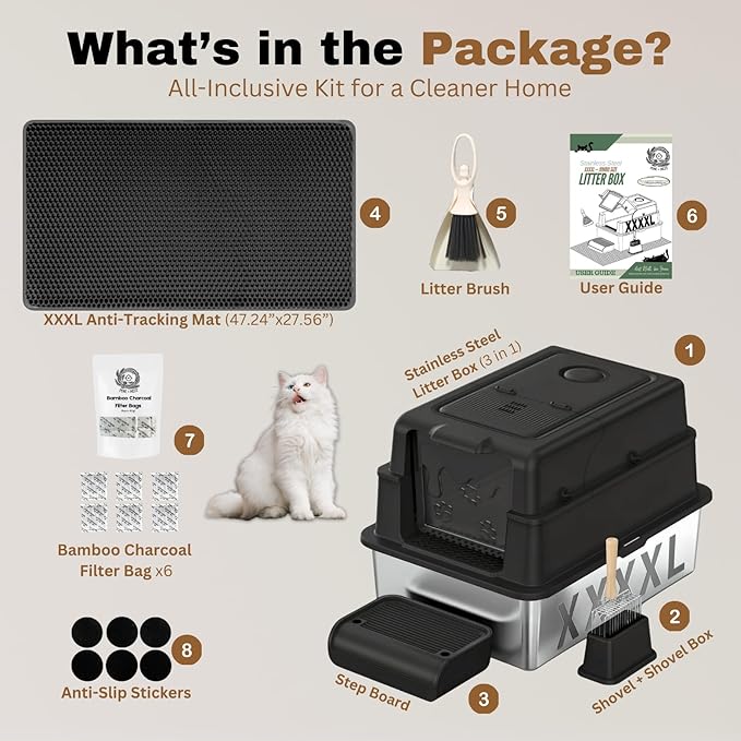 XXXXL Jumbo Stainless Steel Litter Box with Lid for Maine Coon, 28" L x 20" W x 19" H Extra Large Stainless Steel Cat Litter Box for Big Cat and Multi-Cats Families,Non-Sticky, Anti-Leakage (Black)