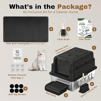 XXXXL Jumbo Stainless Steel Litter Box with Lid for Maine Coon, 28" L x 20" W x 19" H Extra Large Stainless Steel Cat Litter Box for Big Cat and Multi-Cats Families,Non-Sticky, Anti-Leakage (Black)