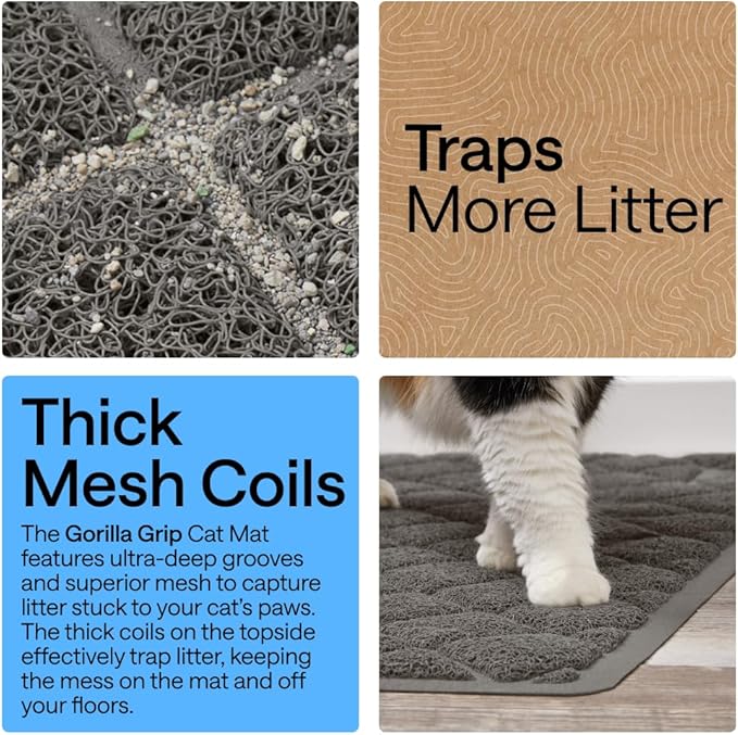 GORILLA GRIP Cat Litter Box Mat, 35x23, Cushioned Coil Mesh Litter Trapping Mats, Scatter Control Supplies for Less Mess, Phthalate Free, Ultra Deep Catch Grooves, Rinse or Vacuum to Clean, Dark Gray