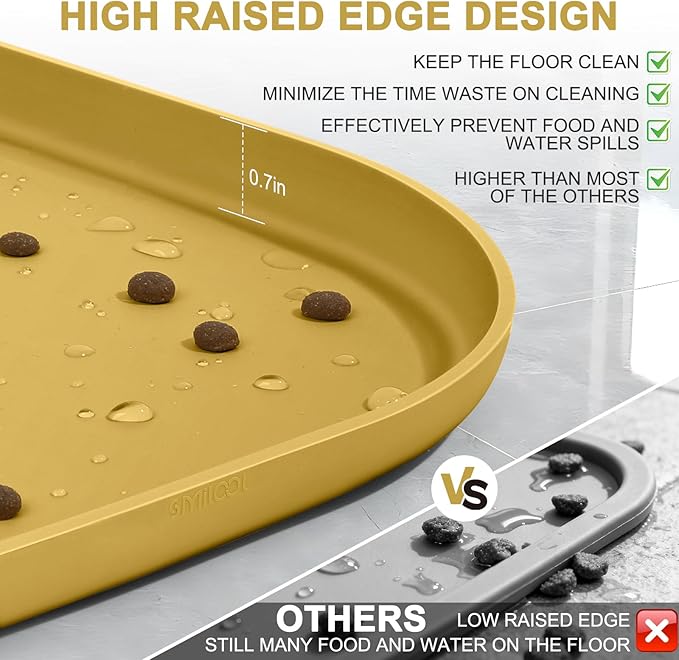 Silicone Pet Food Mat with Raised Edge for Food and Water Bowl, Dog Feeding Mats, Cat Food Trays for Floor Waterproof, Rubber Tray for Dogs and Cats, 19 x 12 x 0.7 Honey