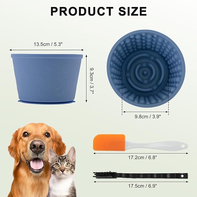 Slow Feeder Dog Bowls, Silicone Dog Lick Bowl with Brush & Scraper, Non-Slip Base Slow Feeder for Anxiety Alleviating & Oral Health, Navy Blue
