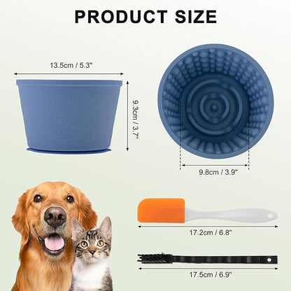 Slow Feeder Dog Bowls, Silicone Dog Lick Bowl with Brush & Scraper, Non-Slip Base Slow Feeder for Anxiety Alleviating & Oral Health, Navy Blue
