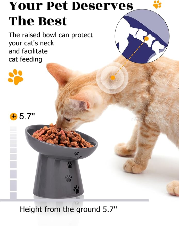 Y YHY Slow Feeder Cat Bowl, Ceramic Cat Slow Feeder Bowl, 6 Inches, Elevated, Anti Vomiting for Dry and Wet Food, Gray