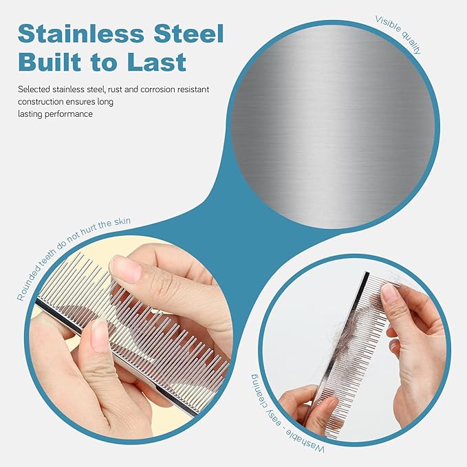 4.6 Inches Stainless Steel Pet Comb for Dogs & Cats, Metal Detangling Grooming Tool for Long & Short Haired Pets, Anti-Static Cat Comb with Rounded Teeth for Matted Fur Removal & Shedding Control