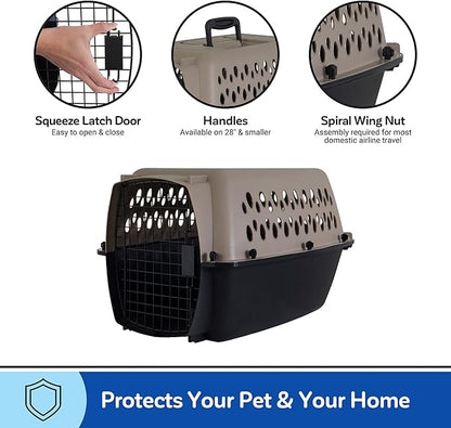 Petmate Vari Dog Kennel Portable Carriers & Crates for Smaller Dogs or Puppies and Pets 10 to 20 lbs, Airline-Friendly Plastic Pet Carrier Home and Travel, 24" Long, Taupe & Black, 24” x 16.7” x 14.5”