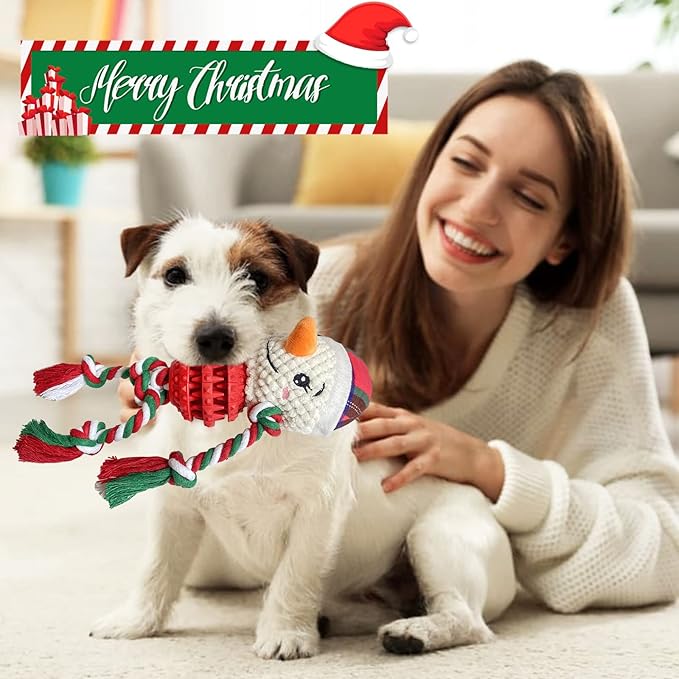 Dog Christmas Toys for Small Medium Large Dogs, Squeaky Plush Dog Toys + Interactive Dog Toys + Dog Rope Toys Multi Function Cute Snowman Puppy Toys for Christmas