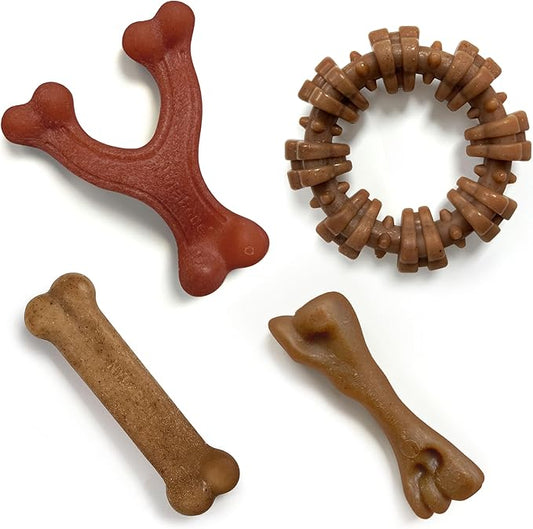 Nylabone Strong Chew Dog Toy 4-Pack Made with Real Bacon, Bison, Venison, Beef, & Chicken, Durable Chew Toys for Aggressive Chewers, Long Lasting Dog Bone, Small Breeds - Up to 25 lbs, 4 Count