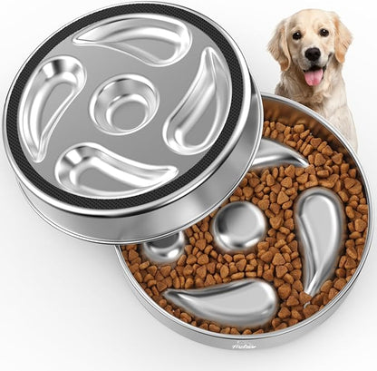 Slow Feeder Dog Bowls, 304 Stainless Steel Dog Slow Feeder Bowl 3.8 Cups Metal Dog Food Bowl with Non-Slip Bottom Shallow Slow Eating Dog Bowl for Small & Medium Breed Stop Bloat, Dishwasher Safe