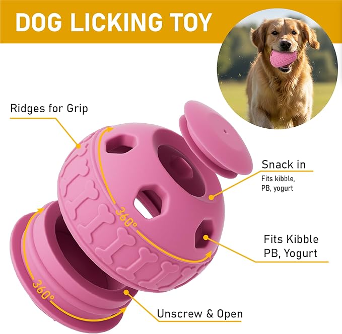 Frozen Treat Dispensing Dog Toys, Enrichment Licking & Puzzle Feeder, Sturdy Rubber Interactive Dog Toys, Dog Chew Toy for Happy, Cool Pups - Reduces Anxiety, Easy to Clean (Pink)