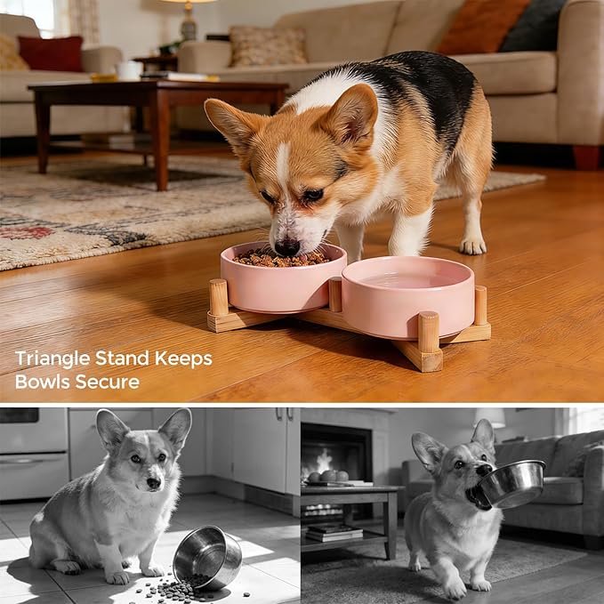 Ceramic Dog Bowl and Cat Bowls Set with 15° Adjustable Wood Stand, Non-Slip Weighted Pet Food and Water Bowls, Dual Raised Feeder for Small Dogs, Matte Glaze Pet Dish 13.5oz Set of 2 (Soft Pink)