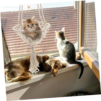 Bohemian Macrame Cat Hammock Bed Hanging Pet Nest 40cm Woven Indoor Cat Bed 20-30lbs Kitten Accessory