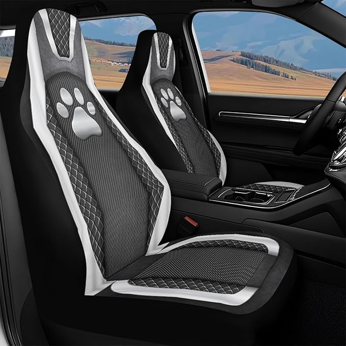 Paw Print Waterproof Car Seat Cover Front Seats Only Anti-Slip Back Fabric Automobile Front Seat Covers Checkered Stripe Print Car Accessory Universal Fit for Truck SUV Van Sedan