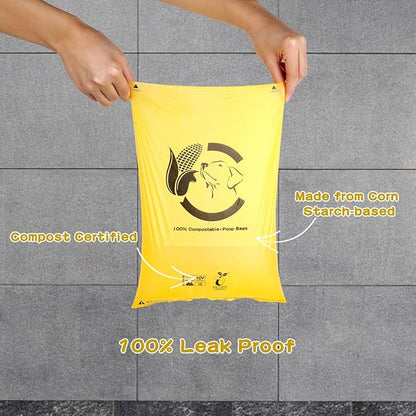 Certified Compostable Dog Poop Bags, 270 Count Landfill Friendly and Leakproof Waste Bags, Easy Open Unscented Maize Yellow Poop Bag for Dog, 15 Doggy Bags Per Roll (18 rolls)