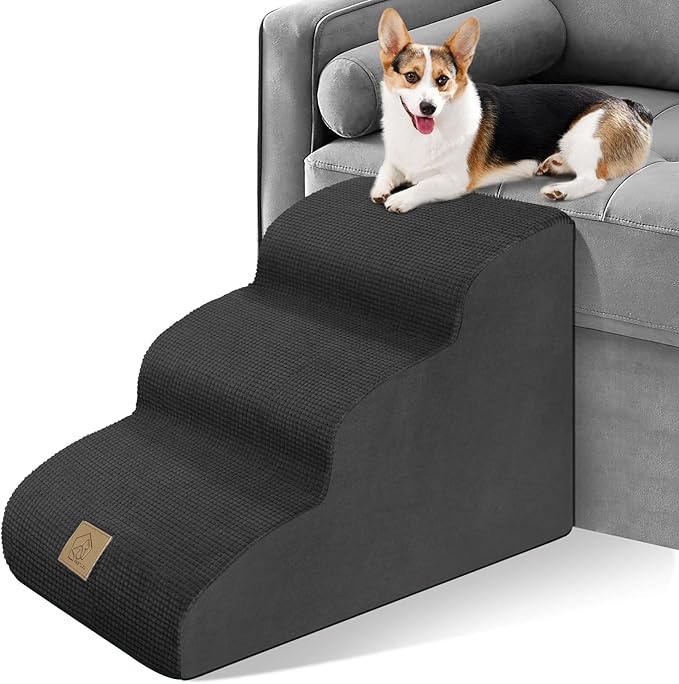Mestuel Dog Stairs for Couch Bed Sofa, 3-Tiers Dog Stairs Ramp for Small Old Dogs Cats, Pet Stairs Steps with Gentle Slope &Non Slip Bottom/Machine Washable Cover, Black