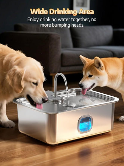 4.2Gal Dog Water Fountain for Large Dogs, 16L Stainless Steel Large Dog Fountain Water Bowl with Deeper & Wider Drinking Tray, Automatic Pet Water Dispenser with Visible Window (with 7 Filters)