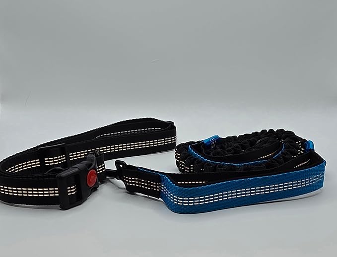 Hands Free Dog Leash with Adjustable Waist Belt, Dual Padded Handles, Elastic Bungee Ropes for Small to Large Dogs, Reflective Stitches for Walking, Hiking, Running and Biking. (Black/Blue, Medium)