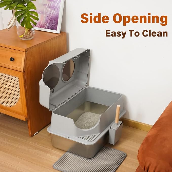 Stainless Steel Cat Litter Box with Lid,3IN1 Metal Litter Box High Sides for Big/Multiple Cats,Indoor,1-Mat and 1-Scoop,Easy to Clean, No Odor,Anti-Urine Leakage