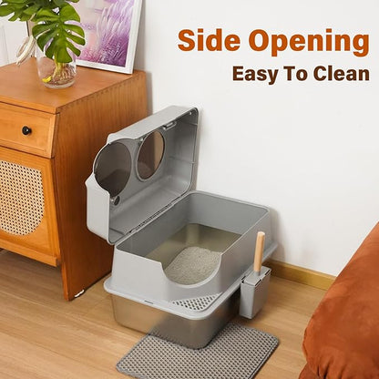 Stainless Steel Cat Litter Box with Lid,3IN1 Metal Litter Box High Sides for Big/Multiple Cats,Indoor,1-Mat and 1-Scoop,Easy to Clean, No Odor,Anti-Urine Leakage