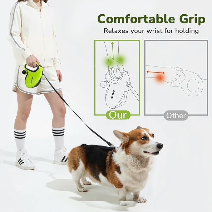 Pecute 26ft Retractable Dog Leash with Reflective Strips, 360° Tangle-Free, One-Button Control & Sturdiness Nylon Material, Long Leash Retractable with Poop Bag Holder for Medium Large Dog