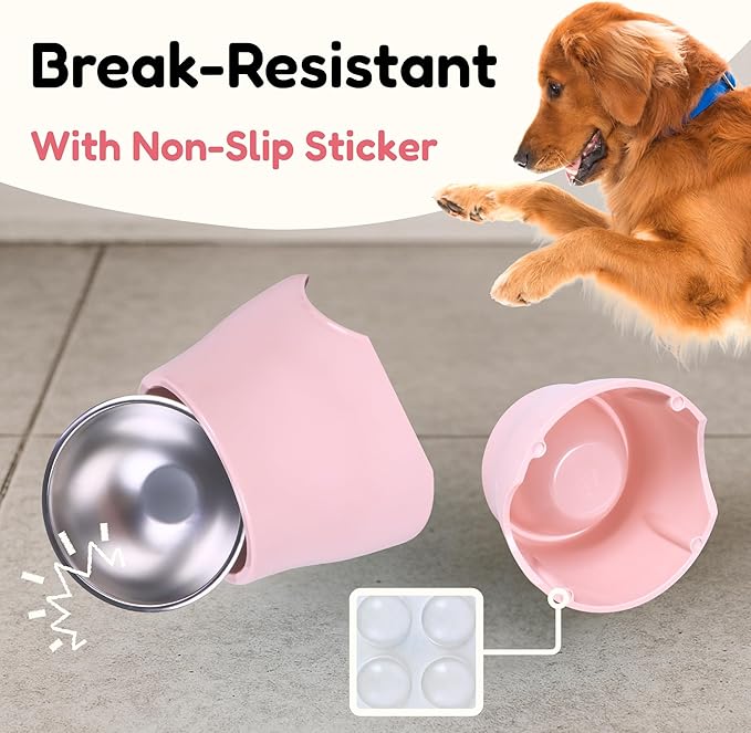 Elevated Spaniel Dog Bowl, Melamine Raised Dog Food Bowl for Long-Eared Dogs, Raised Dog Bowls for Small & Medium Dogs, Stainless Steel Inner Bowl, Non-Slip Base (Pink, M (420 ML / 1.5 Cups))