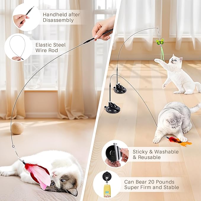 HONGDDY Cat Toys for Indoor Cats, 14Pcs 4 in 1 Cat Interactive Toys, Hanging Door Kitten Wand with Suction Cup Removable Feathers Balls Mice Butterfly Streamers