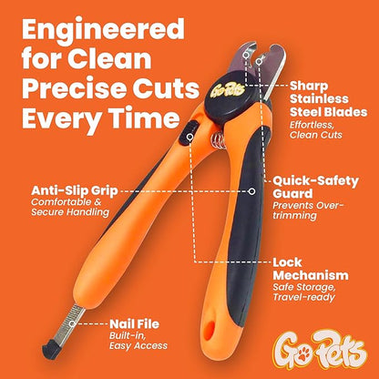 GoPets Dog Nail Clippers, Professional Pet Nail Trimmer for Large Dogs and Cats with Quick Sensor Safety Guard, Heavy Duty Stainless Steel Blades, Non-Slip Handle, Built-in File for Safe Grooming
