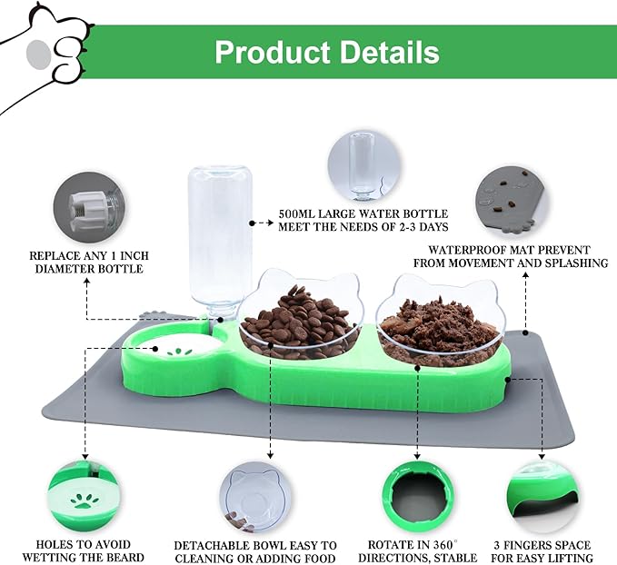 Triple Cat Bowls with Water Dispenser, Pet Whisker Friendly Water and Food Bowl Set with Non-Slip Mat, 15° Tilted Double Feeding Bowls, Elevated Wet and Dry Food Dish for Kitten&Small Dog (Mint)