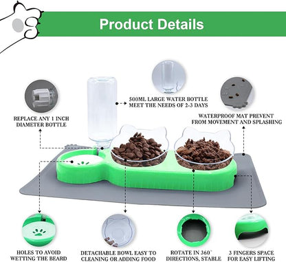 Triple Cat Bowls with Water Dispenser, Pet Whisker Friendly Water and Food Bowl Set with Non-Slip Mat, 15° Tilted Double Feeding Bowls, Elevated Wet and Dry Food Dish for Kitten&Small Dog (Mint)