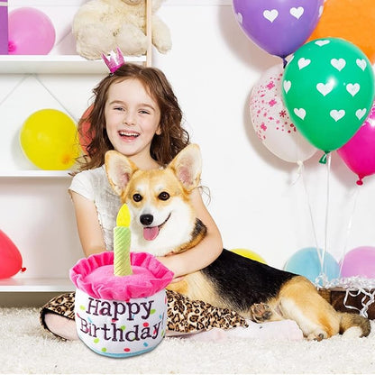 Dog Birthday Cake Toys, Happy Birthday Cake Shaped Squeaky Dog Toys for Small & Medium Dogs | Funny Dogs Gifts | Plush Dog Party Toys, Small, Pink