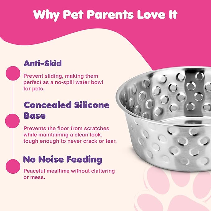 Heavy Gauge Stainless Steel Dog Bowls | Cat Bowls (Pack of 2) - Anti Skid Dog Water Bowl | Cat Water Bowl - Dishwasher Safe - 40 Oz - 1200 ml - 17 cm Diameter (Elegant Candy Dots)