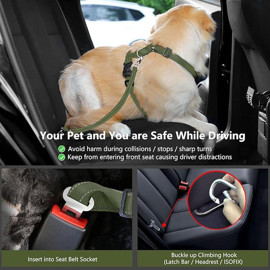 VavoPaw Dog Seat Belt Harness for Car, Dog Car Harness Adjustable Mesh Breathable & Dogs Seatbelt Safety Tether with Elastic Bungee for Small Medium Large Pets(Army Green, M)