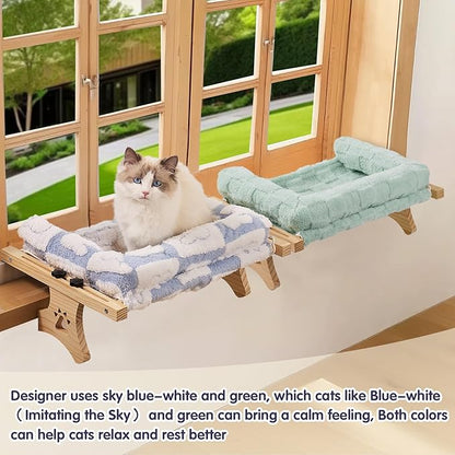 Cat Sill Window Perch Sturdy Hammock Window Seat with Cushion Bed Cover, Premium Wood & Metal Frame for Cats, Easy to Adjust Cat Bed for Windowsill, Bedside and Drawer (White-Blue, 15)