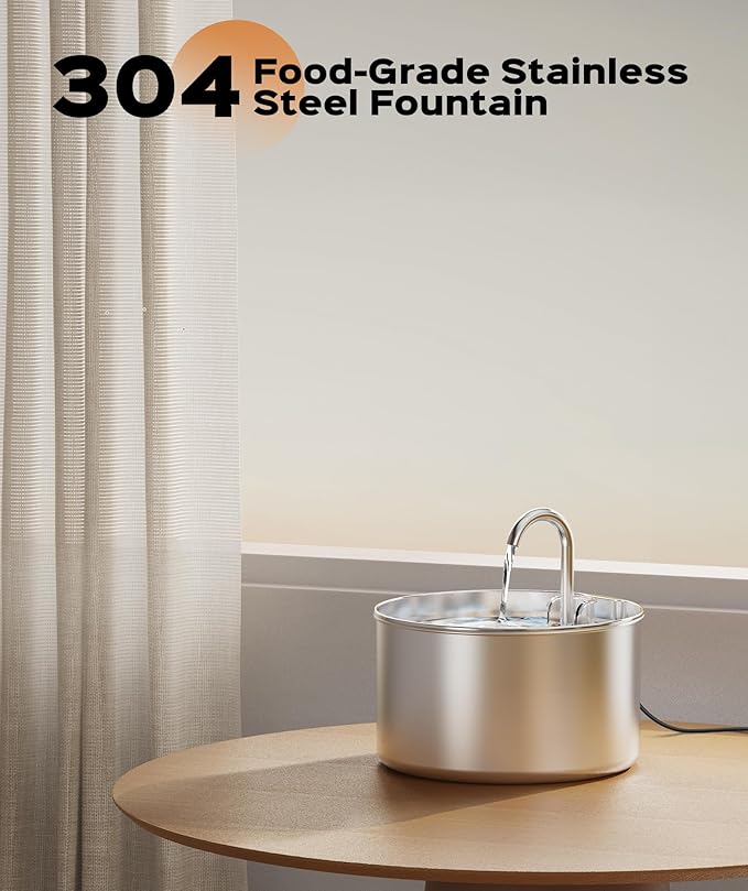 Cat Water Fountain Stainless Steel + 8 filters + 8 Sponges - Pet Water Fountains Faucet Metal Automatic Cat/Dog Waterer Bowls Pets Watering Running Bottle Water Dispenser for Drinking Ultra Quiet Pump