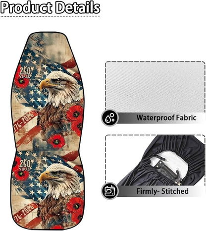 250th Anniversary Car Seat Covers 2 Pcs Waterproof Front Seat Covers Vintage Eagle Flag Bucket Seat Cover Car Interior Accessories for Women Men