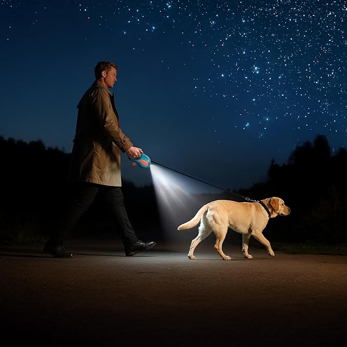 Retractable Dog Leash, 11ft Tangle-Free Reflective Nylon Tape with Anti-Slip Handle & USB Rechargeable Flashlight for Night Walks, Suitable for Small to Medium Dogs Up to 30 Lbs (Blue)