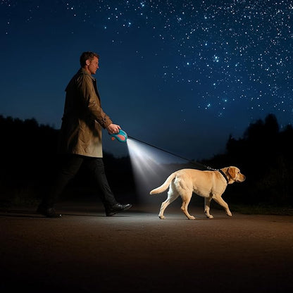 Retractable Dog Leash, 11ft Tangle-Free Reflective Nylon Tape with Anti-Slip Handle & USB Rechargeable Flashlight for Night Walks, Suitable for Small to Medium Dogs Up to 30 Lbs (Blue)