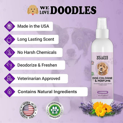 We Love Doodles Dog Cologne & Perfume, Deodorizing, Safe Ingredients, Manufactured in USA, Long Lasting After Bath, Deodorant for Smelly Dogs, Pawfume for Pets, Odor Eliminator Spray, Lavender, 8 OZ