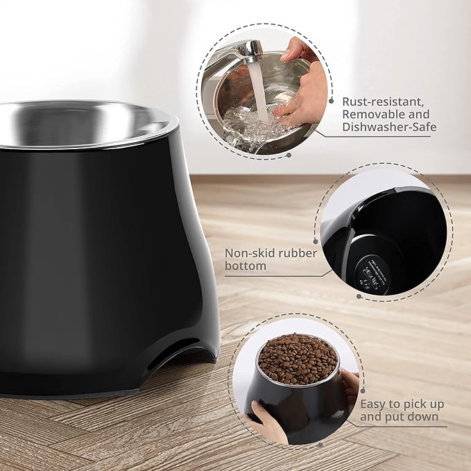 FluffyDream Elevated Pet Bowls,[Prevention of Vertebrae Disease] Non-Slip Pet Bowl with Stainless Steel Bowl,High Capacity Pet Food Bowls (DarkBlack, M (540ML / 2 Cups))