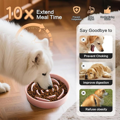 8.25'' Ceramic Slow Feeder Dog Bowls - Petal Shape Modern Dog Food Dish for Medium and Large Breeds, Puzzle Maze Bowl to Slow Down Eating, Anti-Gulping, Dishwasher & Microwave Safe, Pink