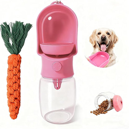 11OZ Portable Dog Water Bottle with Food Container | BPA-Free | Leak-Proof | Perfect for Outdoor Walks (Pink, 11OZ)