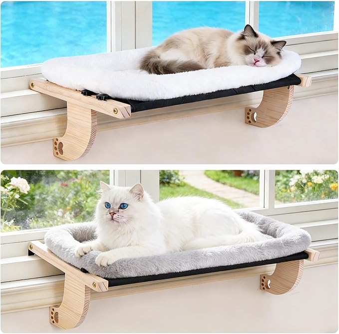 Cat Window Perch Hammock Wall Shelves Beds for Indoor Cats Supplies Design Robust Metal Frame Seat Large Cats and Kittens Pets Natural Wood, 24''L Easy to Adjust Windowsill, Bedside (White)
