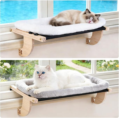 Cat Window Perch Hammock Wall Shelves Beds for Indoor Cats Supplies Design Robust Metal Frame Seat Large Cats and Kittens Pets Natural Wood, 24''L Easy to Adjust Windowsill, Bedside (White)