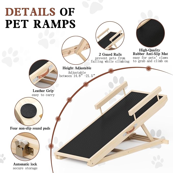 Dog Ramp for Bed, Couch, Car, Folding Pet Ramps 44.48" Long Adjustable 15"-22" Wooden Stairs with Anti-Slip Rubber Mat & Safety Side Rails for Small & Medium Old Dogs & Cats, up to 200 lbs