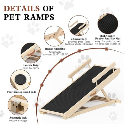Dog Ramp for Bed, Couch, Car, Folding Pet Ramps 44.48" Long Adjustable 15"-22" Wooden Stairs with Anti-Slip Rubber Mat & Safety Side Rails for Small & Medium Old Dogs & Cats, up to 200 lbs