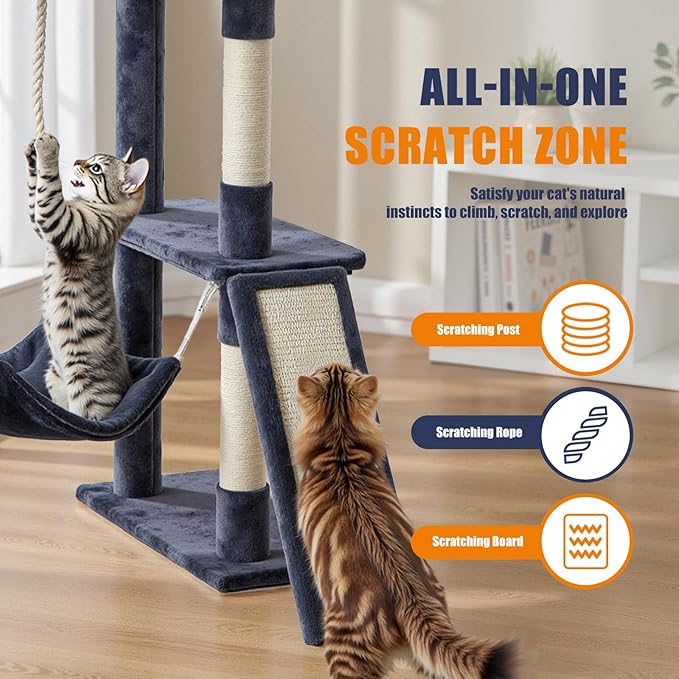 DUMOS Large 63in Cat Tree Tower, Multi Level Cat Climbing Tower with Condo, Natural Sisal Scratching Posts, Extended Platform, Hammock, Pet House for Indoor Cats and Kittens Play, Dark Grey